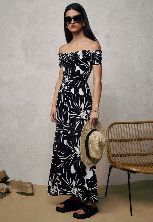 Vestido Mujer Off Shoulder Print Flores Negro