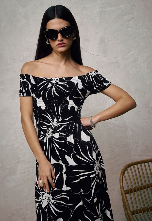 Vestido Mujer Off Shoulder Print Flores Negro